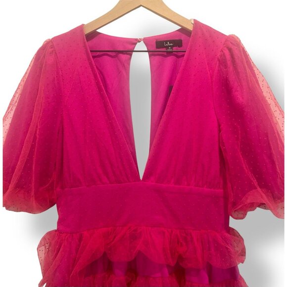 Lulus Hot Pink Tulle Tiered Puff Sleeve Mini Dress Womens Size M NWT 80s Madonna - Picture 7 of 16